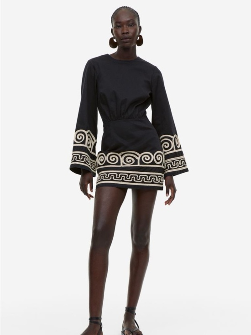H&M Black Long-Sleeve Mini Dress with Cream Embroidered Trim